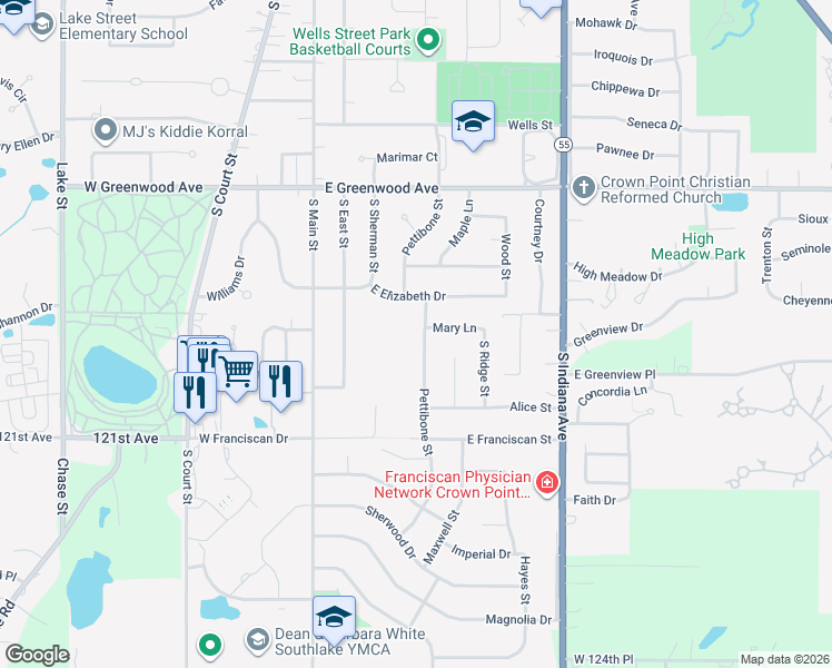 map of restaurants, bars, coffee shops, grocery stores, and more near 501 Mary Lane in Crown Point