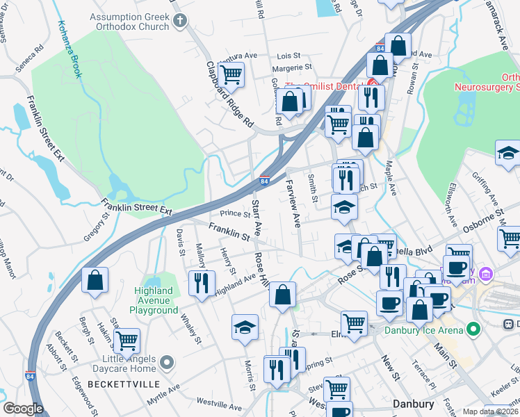 map of restaurants, bars, coffee shops, grocery stores, and more near 19 Starr Avenue in Danbury