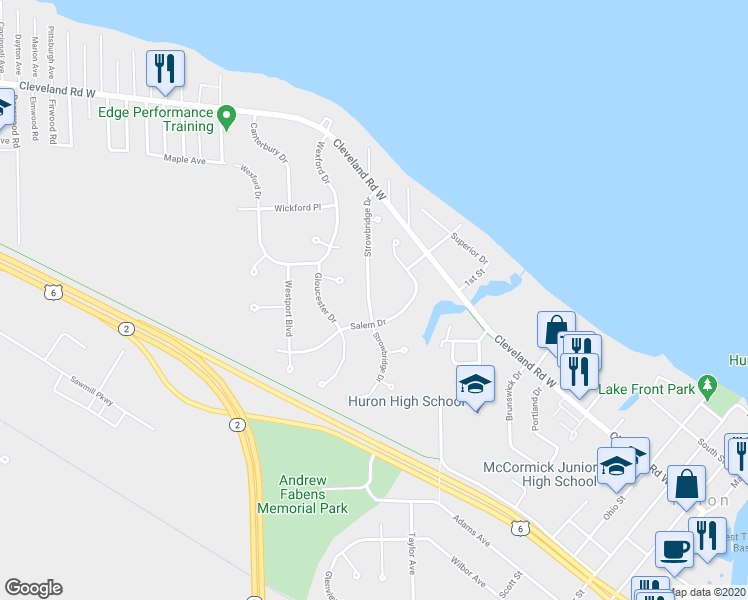 map of restaurants, bars, coffee shops, grocery stores, and more near 825 Strowbridge Drive in Huron