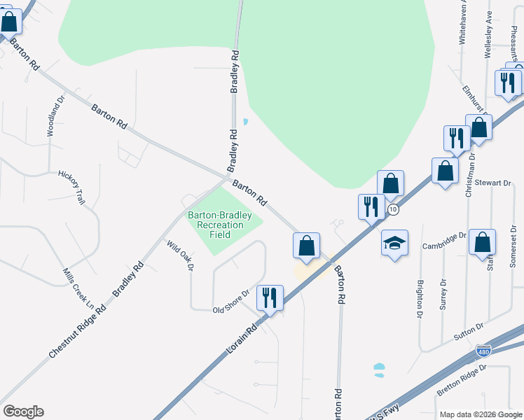 map of restaurants, bars, coffee shops, grocery stores, and more near 5972 Barton Road in North Olmsted