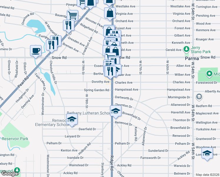 map of restaurants, bars, coffee shops, grocery stores, and more near 5928 Ridge Road in Parma