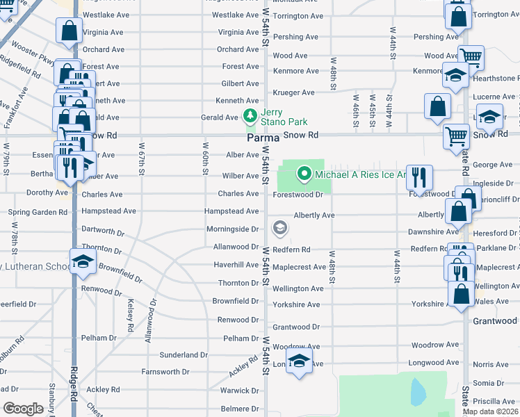 map of restaurants, bars, coffee shops, grocery stores, and more near 5924 W 54th St in Parma