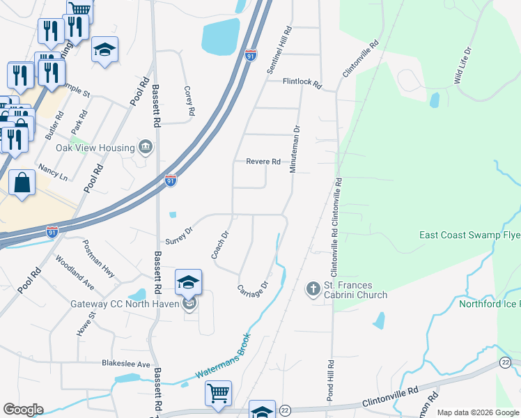 map of restaurants, bars, coffee shops, grocery stores, and more near 55 Surrey Drive in North Haven