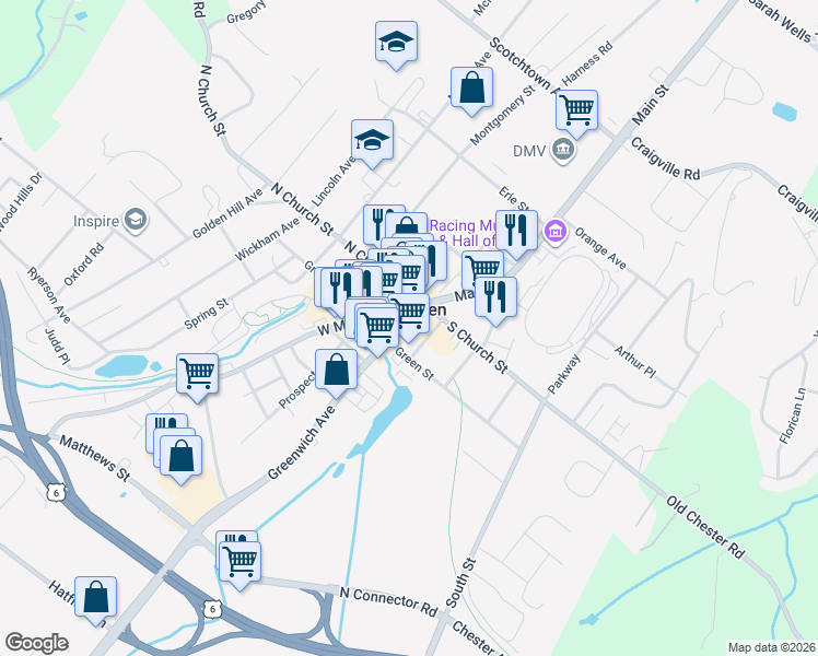 map of restaurants, bars, coffee shops, grocery stores, and more near in Goshen