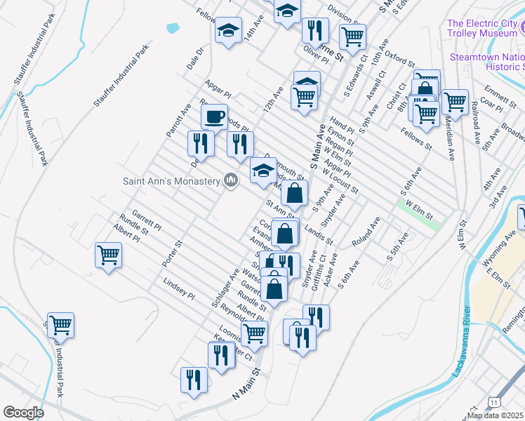 map of restaurants, bars, coffee shops, grocery stores, and more near 1004 East Park Avenue in Scranton