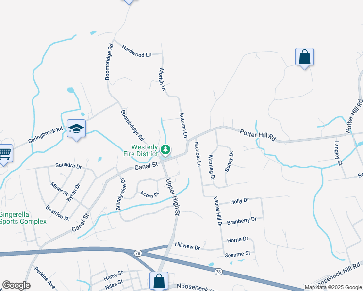 map of restaurants, bars, coffee shops, grocery stores, and more near 1 Nichols Lane in Westerly