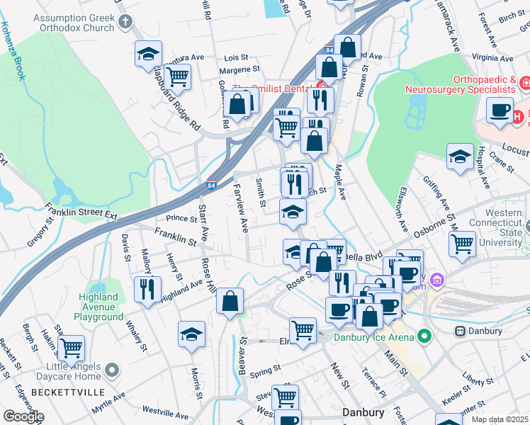 map of restaurants, bars, coffee shops, grocery stores, and more near 6 Smith Street in Danbury