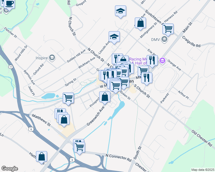 map of restaurants, bars, coffee shops, grocery stores, and more near 125 Main Street in Goshen