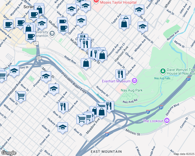 map of restaurants, bars, coffee shops, grocery stores, and more near 226 Prescott Avenue in Scranton