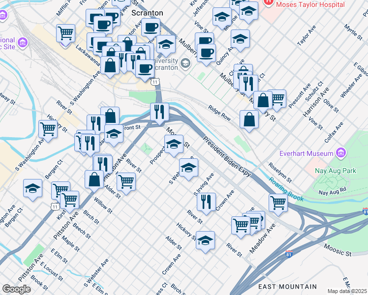 map of restaurants, bars, coffee shops, grocery stores, and more near 121 Donnelly Court in Scranton