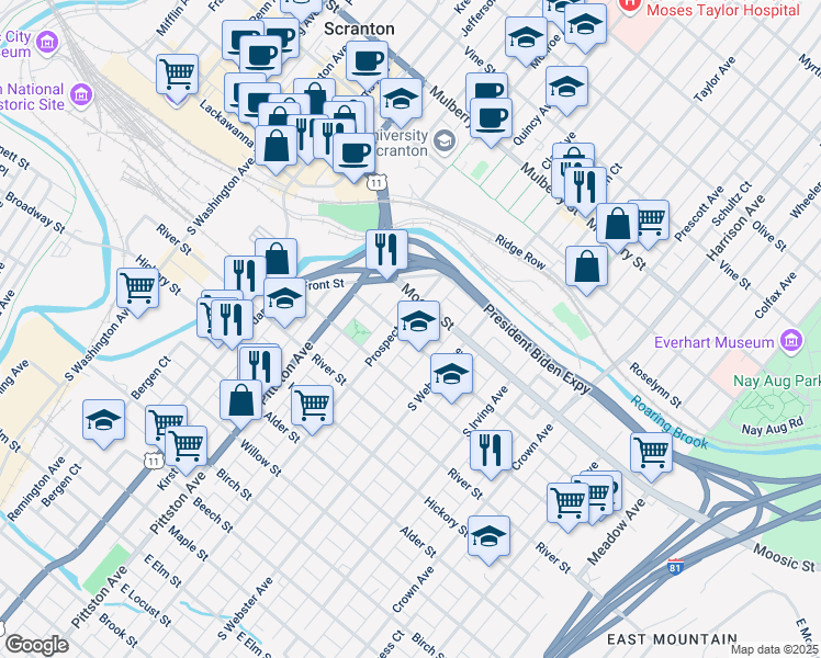 map of restaurants, bars, coffee shops, grocery stores, and more near 121 Donnelly Court in Scranton