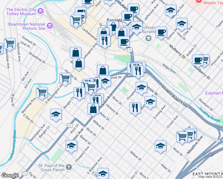 map of restaurants, bars, coffee shops, grocery stores, and more near 314 Pittston Avenue in Scranton