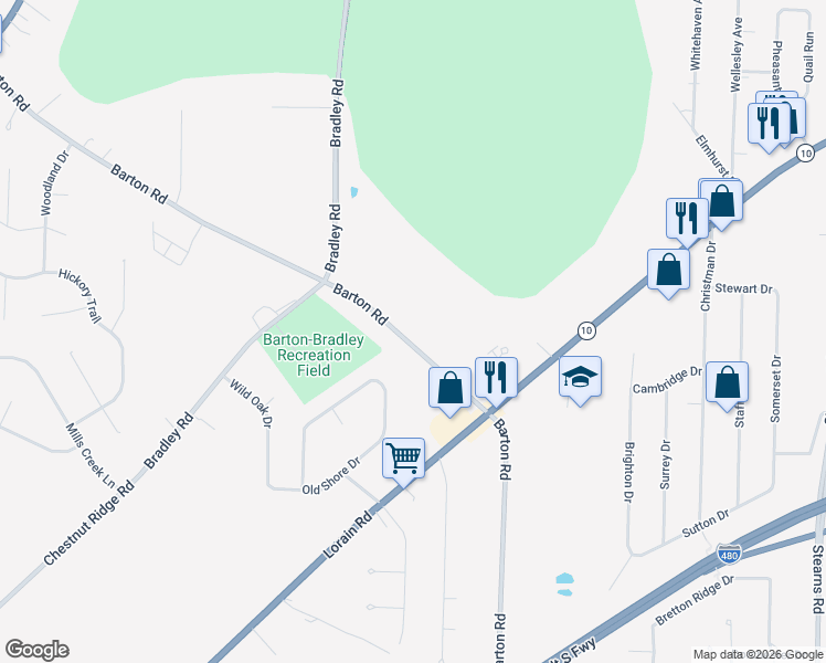map of restaurants, bars, coffee shops, grocery stores, and more near 6049 Barton Road in North Olmsted