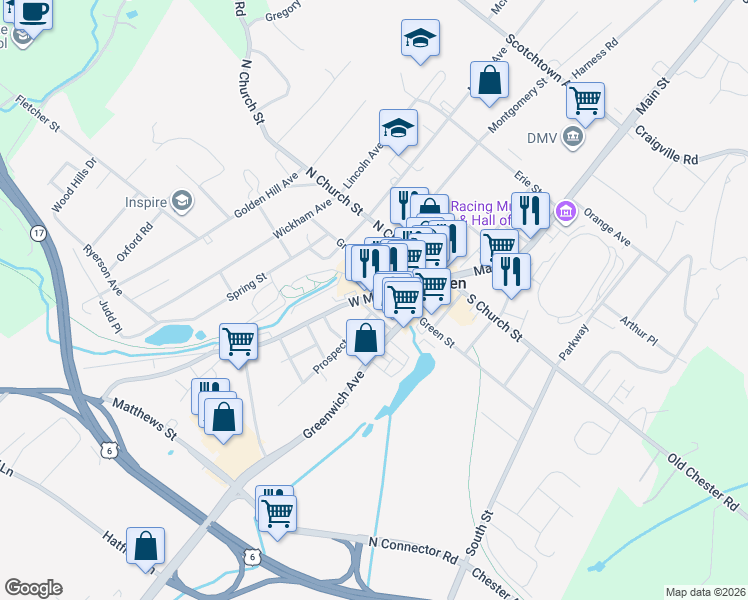 map of restaurants, bars, coffee shops, grocery stores, and more near 125 Main Street in Goshen
