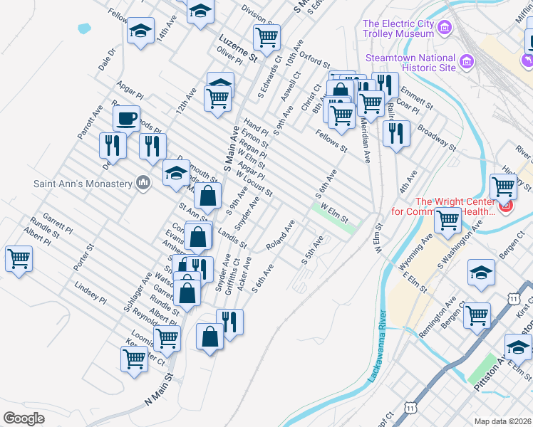 map of restaurants, bars, coffee shops, grocery stores, and more near 925 Corbett Avenue in Scranton