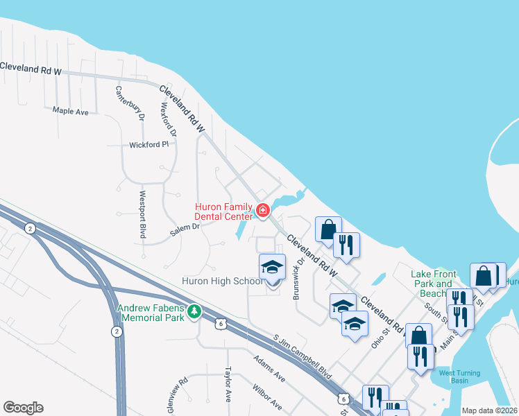 map of restaurants, bars, coffee shops, grocery stores, and more near 63 Cleveland Road East in Huron
