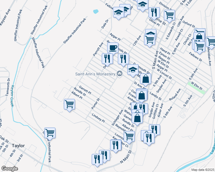 map of restaurants, bars, coffee shops, grocery stores, and more near 1309 Amherst Street in Scranton