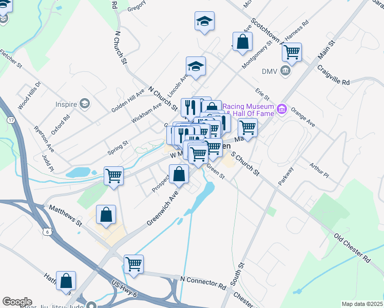 map of restaurants, bars, coffee shops, grocery stores, and more near 125 Main Street in Goshen