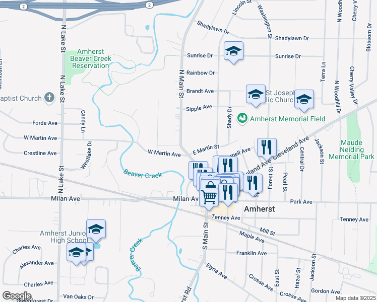 map of restaurants, bars, coffee shops, grocery stores, and more near 109 East Martin Street in Amherst