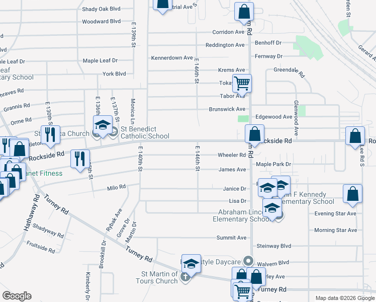 map of restaurants, bars, coffee shops, grocery stores, and more near 14405 Wheeler Rd in Maple Heights