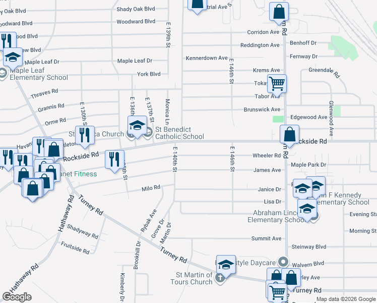 map of restaurants, bars, coffee shops, grocery stores, and more near 14101 Wheeler Rd in Maple Heights
