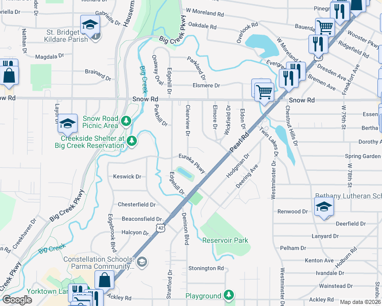 map of restaurants, bars, coffee shops, grocery stores, and more near 5931 Clearview Drive in Parma Heights