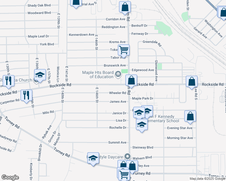 map of restaurants, bars, coffee shops, grocery stores, and more near 14705 Wheeler Rd in Maple Heights