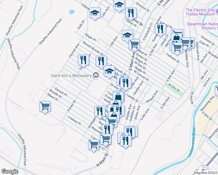map of restaurants, bars, coffee shops, grocery stores, and more near 1004 East Park Avenue in Scranton
