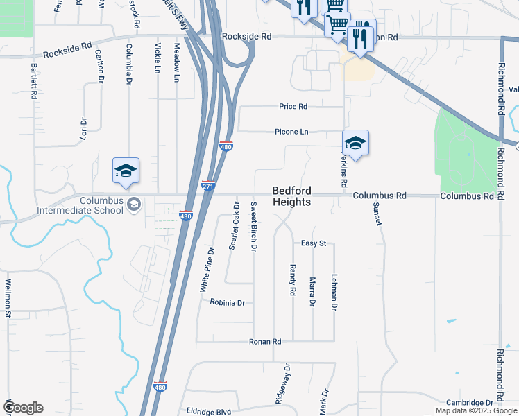 map of restaurants, bars, coffee shops, grocery stores, and more near 5817 Sweet Birch Drive in Bedford Heights