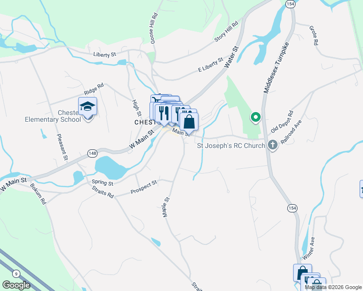 map of restaurants, bars, coffee shops, grocery stores, and more near 12 Maple Street in Chester
