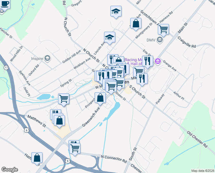 map of restaurants, bars, coffee shops, grocery stores, and more near 125 Main Street in Goshen