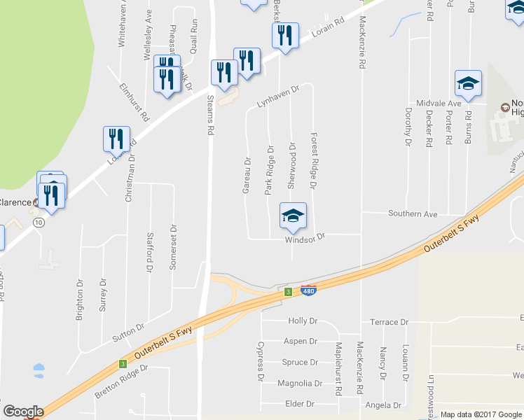 map of restaurants, bars, coffee shops, grocery stores, and more near 6112 Park Ridge Drive in North Olmsted