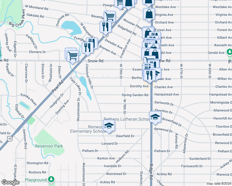 map of restaurants, bars, coffee shops, grocery stores, and more near 7916 Spring Garden Road in Parma
