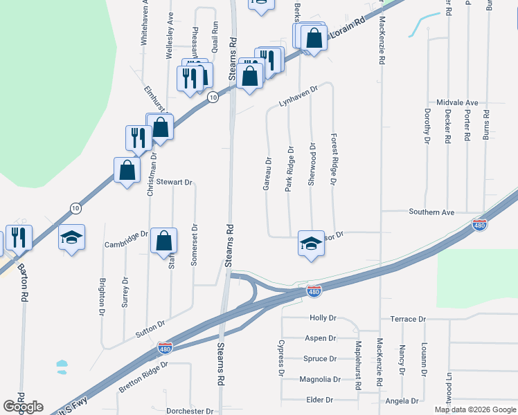 map of restaurants, bars, coffee shops, grocery stores, and more near 6114 Gareau Dr in North Olmsted