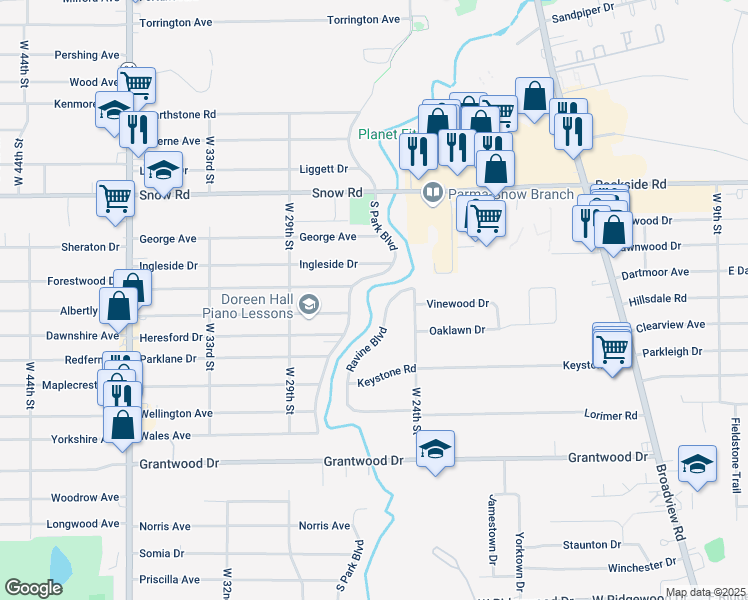map of restaurants, bars, coffee shops, grocery stores, and more near 5939 South Park Boulevard in Parma