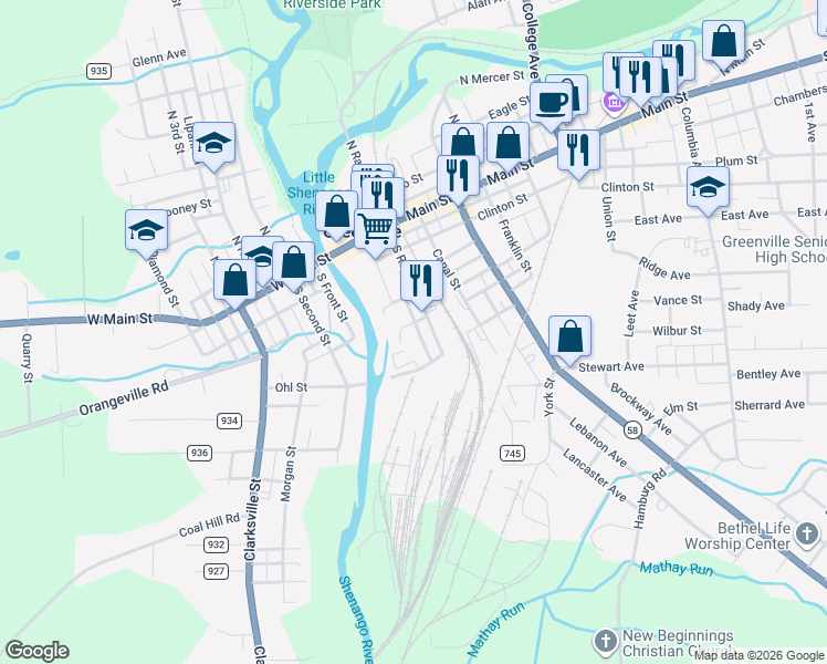 map of restaurants, bars, coffee shops, grocery stores, and more near 19 Liberty Street in Greenville