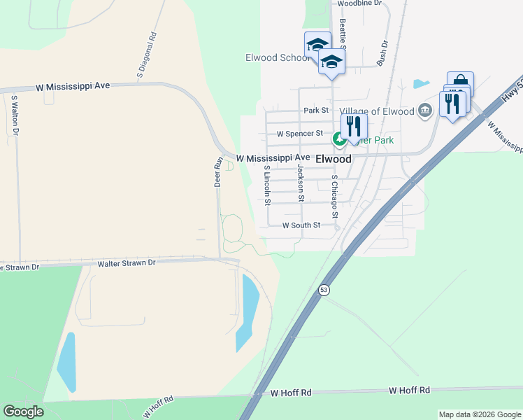 map of restaurants, bars, coffee shops, grocery stores, and more near 301 South Lincoln Street in Elwood