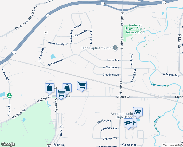map of restaurants, bars, coffee shops, grocery stores, and more near 828 Crestline Avenue in Amherst