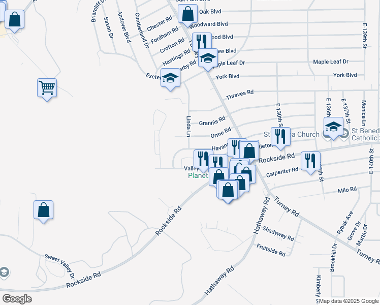 map of restaurants, bars, coffee shops, grocery stores, and more near 12112 Havana Road in Garfield Heights