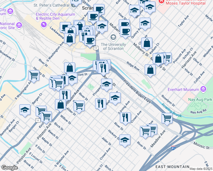 map of restaurants, bars, coffee shops, grocery stores, and more near 121 Donnelly Court in Scranton