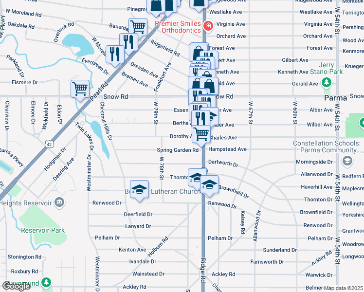 map of restaurants, bars, coffee shops, grocery stores, and more near 7510 Spring Garden Rd in Parma