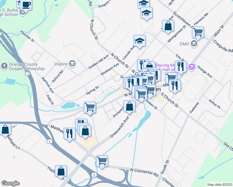 map of restaurants, bars, coffee shops, grocery stores, and more near 102 Trotter Circle in Goshen