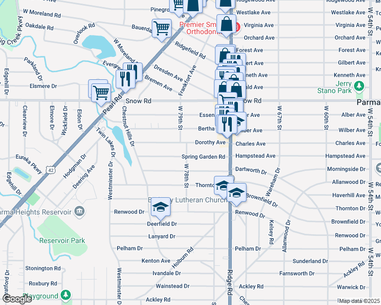 map of restaurants, bars, coffee shops, grocery stores, and more near 7712 Spring Garden Road in Parma