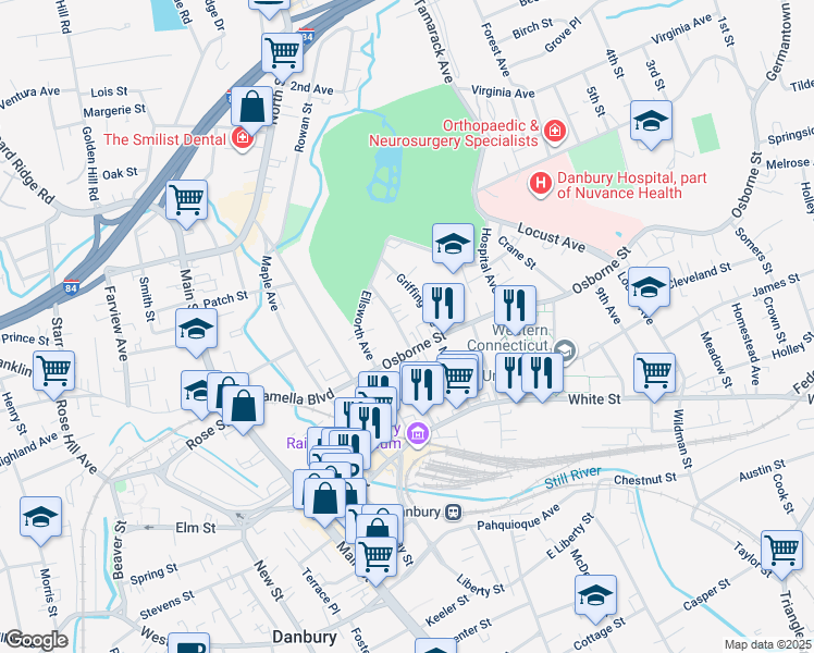 map of restaurants, bars, coffee shops, grocery stores, and more near 5 Summit Street in Danbury