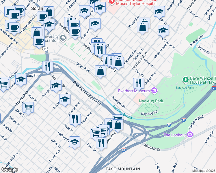 map of restaurants, bars, coffee shops, grocery stores, and more near 226 Prescott Avenue in Scranton