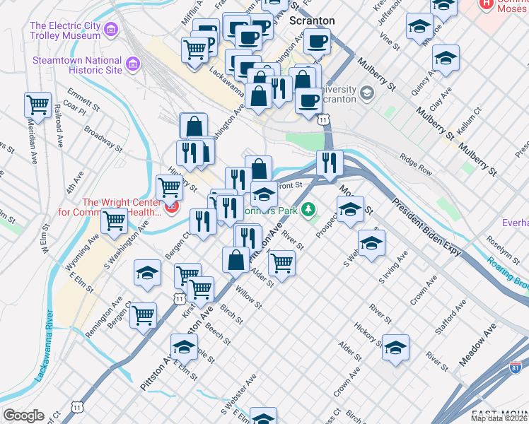 map of restaurants, bars, coffee shops, grocery stores, and more near 422 South River Street in Scranton
