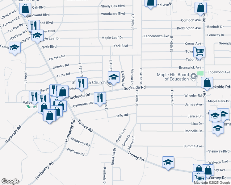 map of restaurants, bars, coffee shops, grocery stores, and more near 13604 Rockside Road in Garfield Heights