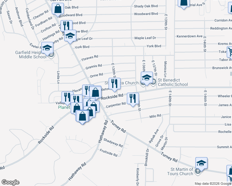 map of restaurants, bars, coffee shops, grocery stores, and more near 12919 Rockside Road in Garfield Heights