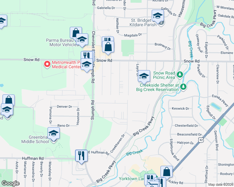 map of restaurants, bars, coffee shops, grocery stores, and more near 5941 Kings Highway in Parma Heights