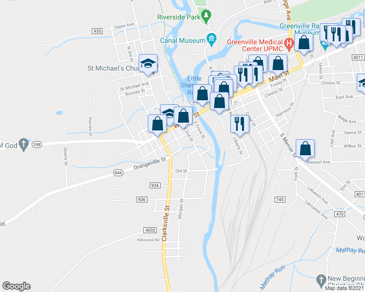 map of restaurants, bars, coffee shops, grocery stores, and more near 30 South High Street in Greenville
